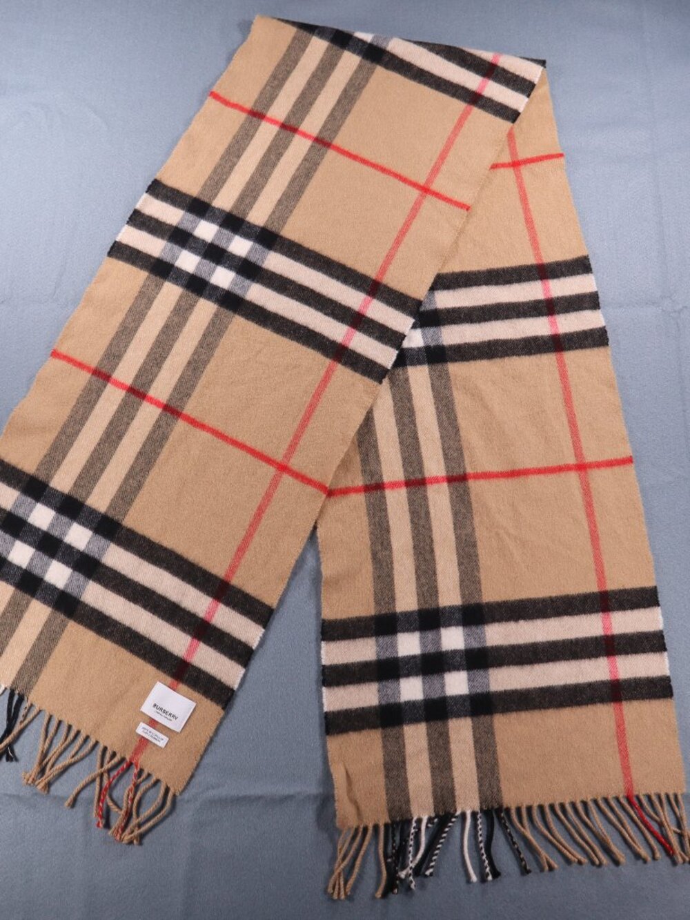 S18# Burberry 100% Cashmere Scarf Classic Nova Check Beige Plaid Fringe Scotland
